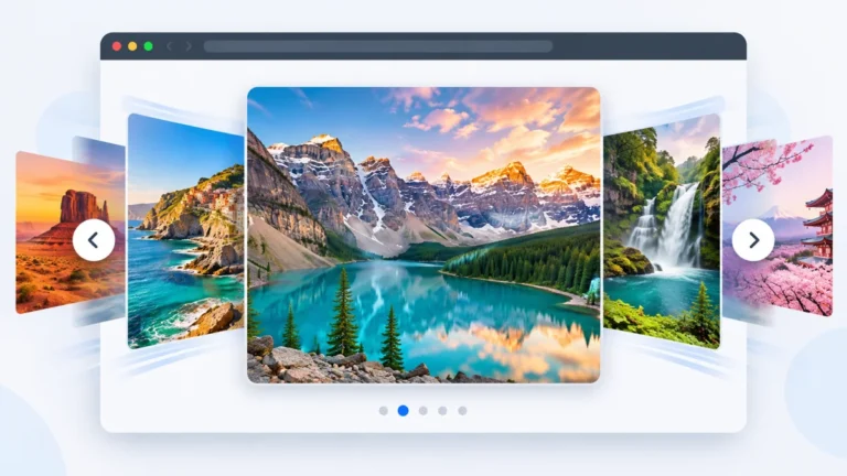 JavaScript image slider with responsive landscape slides and navigation controls