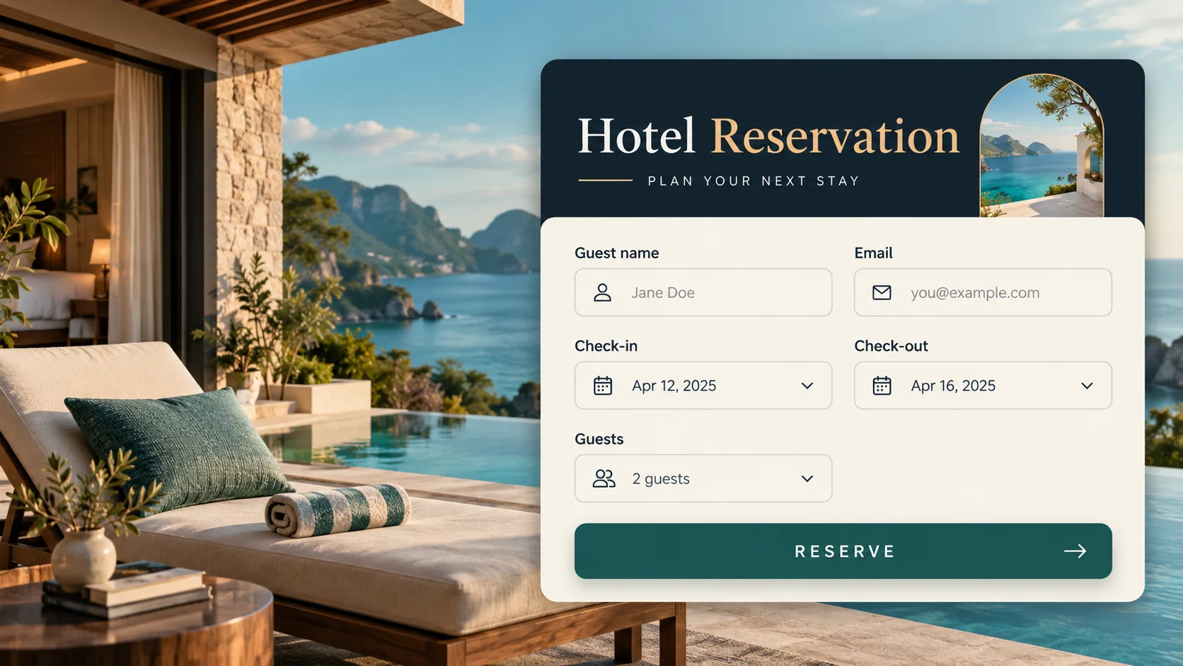 Responsive hotel reservation form with guest details and a teal booking button