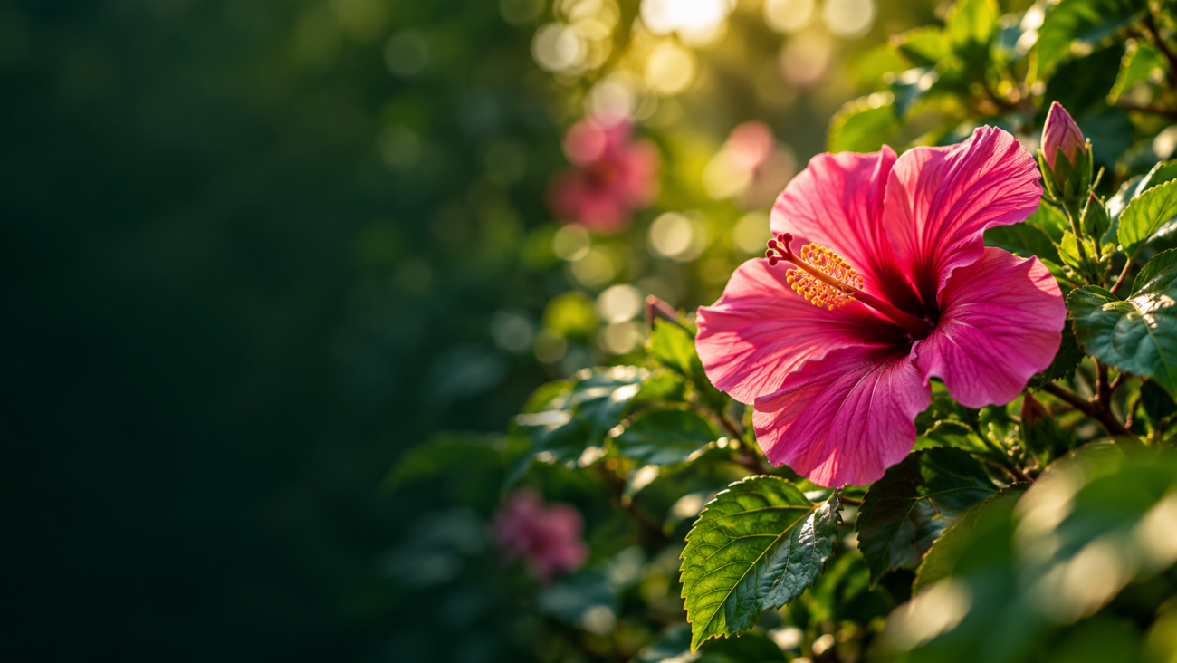 Responsive video header hero with a pink flower against a dark green background