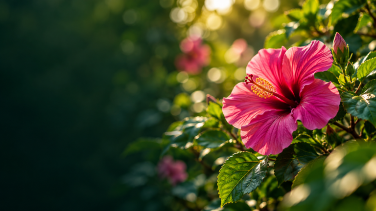 Responsive video header hero with a pink flower against a dark green background