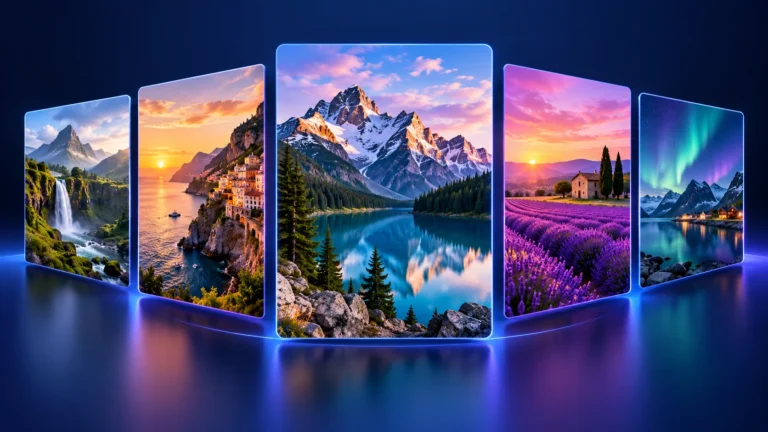 Five landscape cards arranged in a CSS 3D carousel slider
