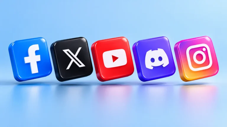 Five colorful CSS 3D social media icons with raised angled tiles
