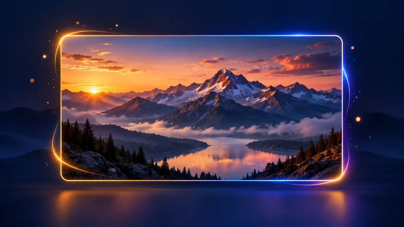 Animated gradient border framing a sunset mountain photo card