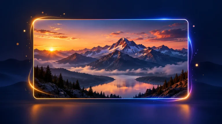 Animated gradient border framing a sunset mountain photo card