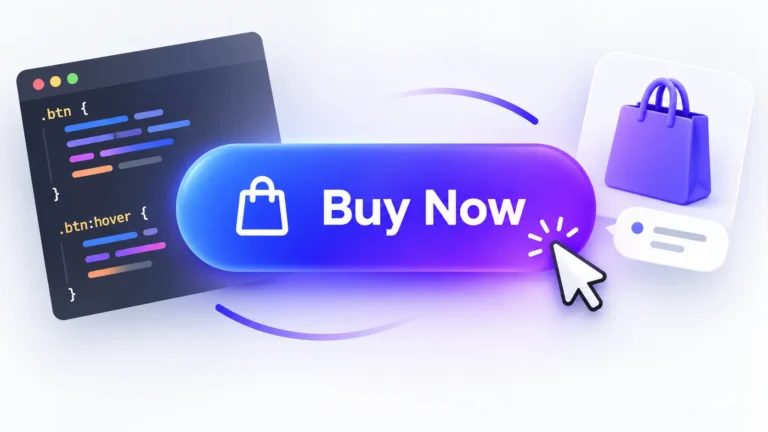 Illustration of a gradient buy now button with a shopping bag icon, cursor, and CSS code