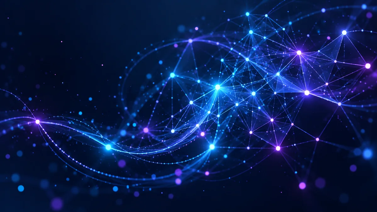 Glowing blue and violet particles connected across a dark background