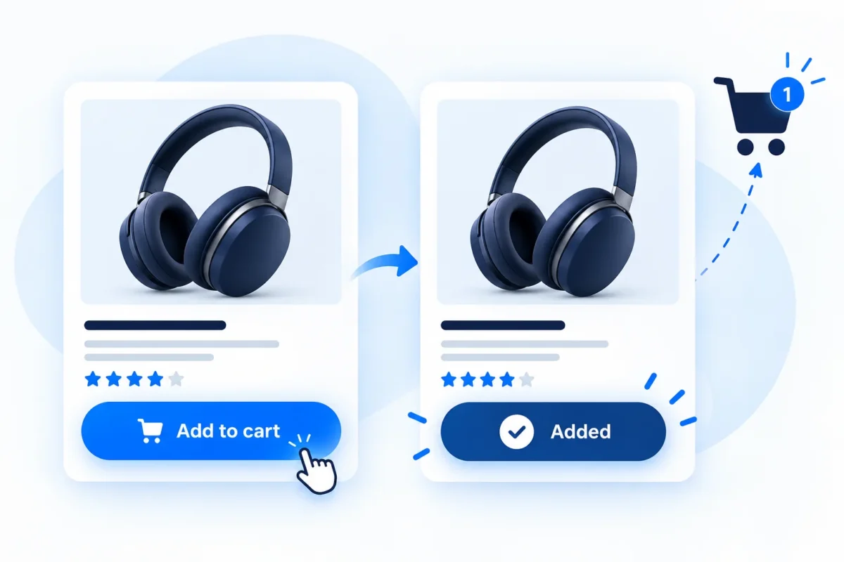 Product card with an animated add to cart button and added confirmation state