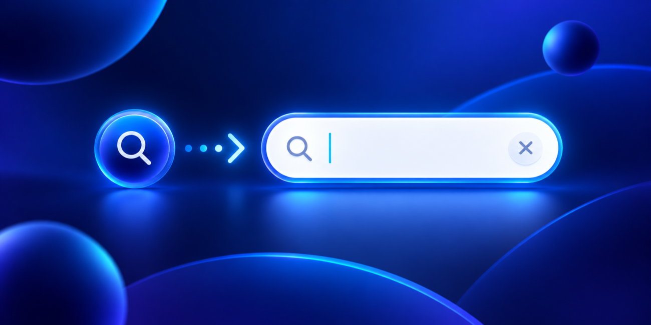 Magnifying glass button expanding into a search field on a dark blue background