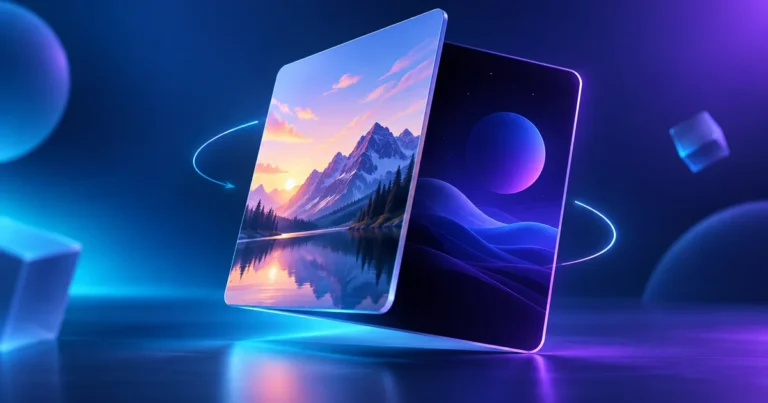 A blue and violet CSS flip card shown turning in 3D, with front and back panels visible.