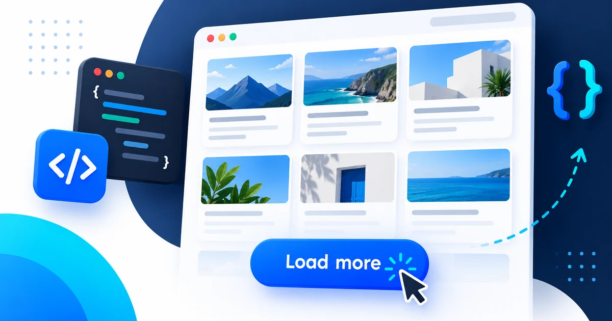 Responsive card grid with a blue Load More button and JavaScript code