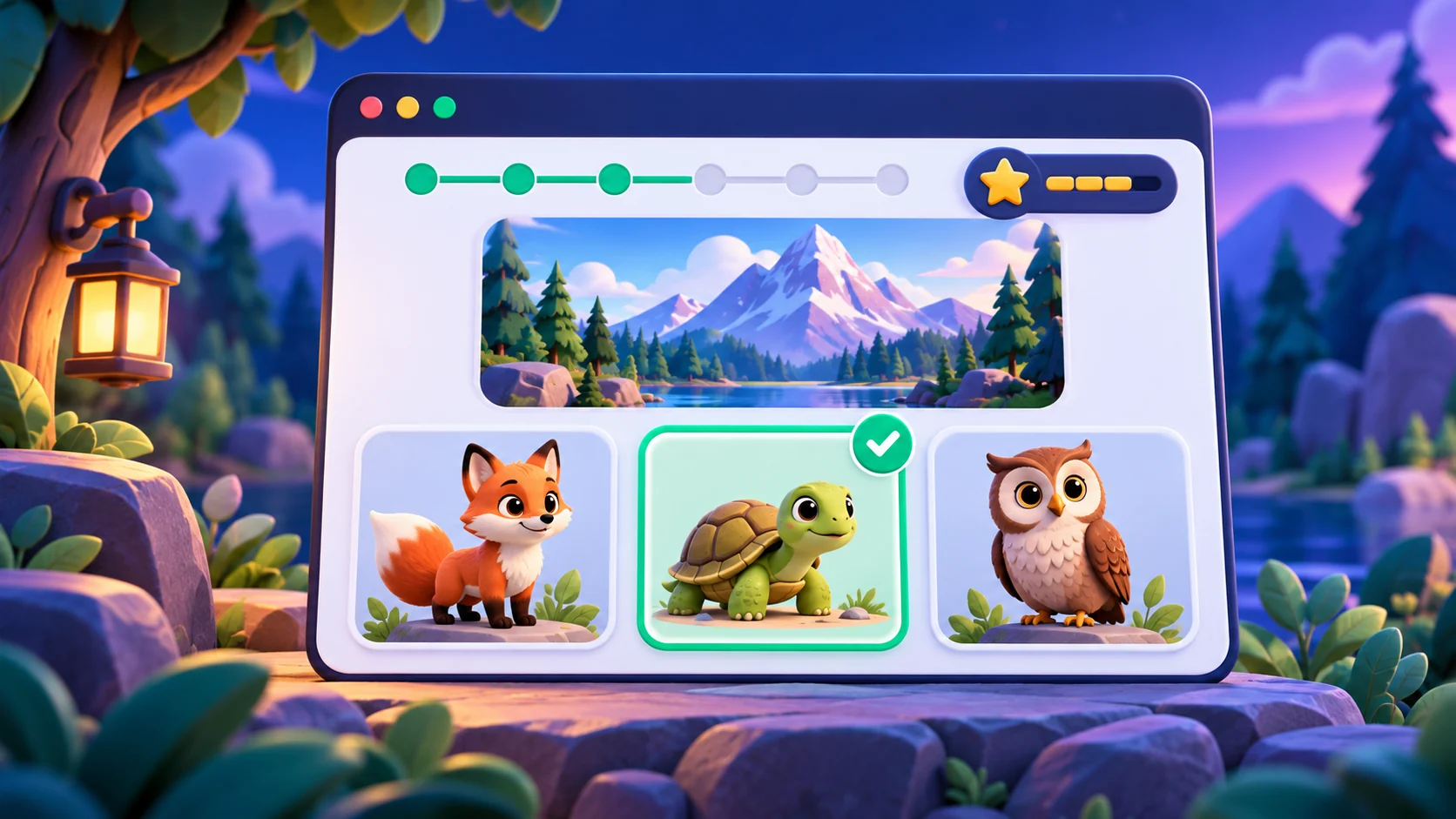 Illustrated picture quiz interface with fox, turtle, and owl answer choices