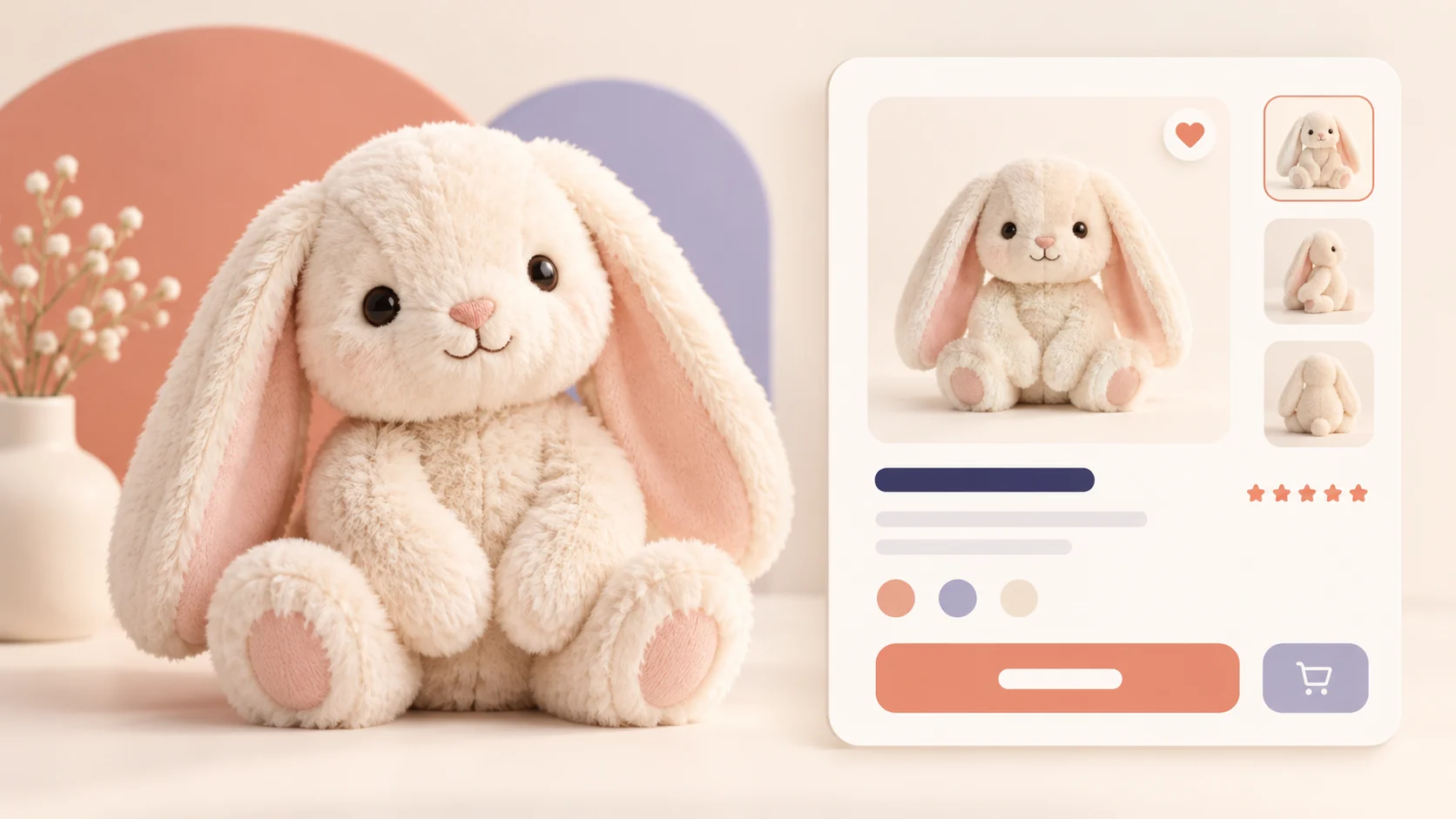 Responsive e-commerce product card featuring a soft plush bunny with color and add-to-cart options