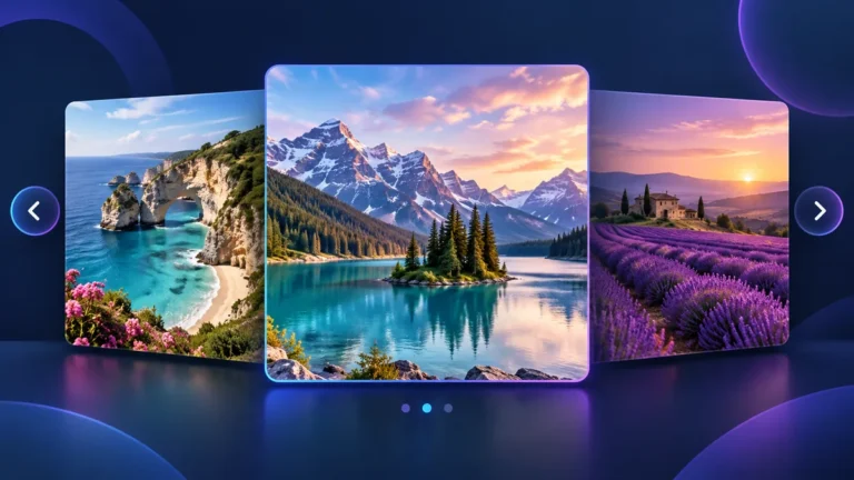 Three scenic image cards in a horizontal carousel with previous and next arrow controls