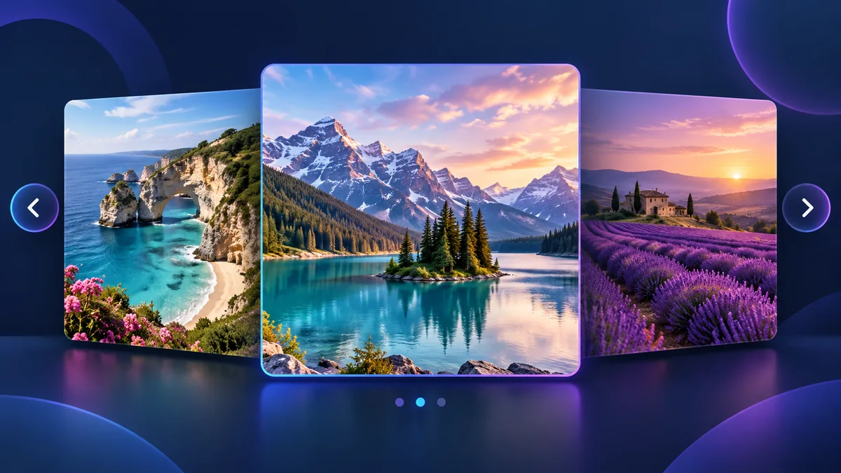Three scenic image cards in a horizontal carousel with previous and next arrow controls