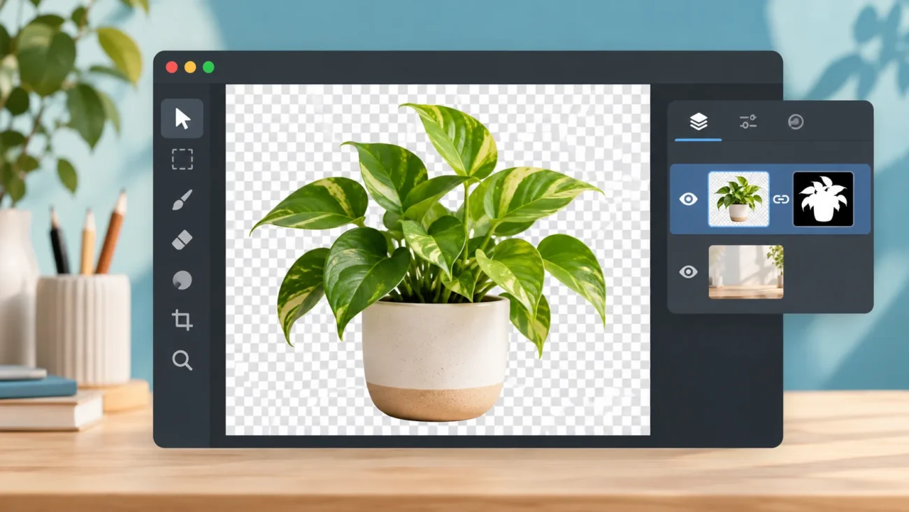 Potted plant isolated on a transparent checkerboard in a photo editing workspace