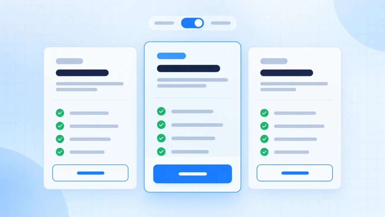 Three responsive pricing cards with a highlighted middle plan and billing toggle