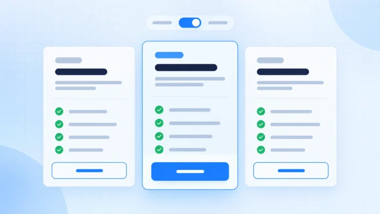 Three responsive pricing cards with a highlighted middle plan and billing toggle