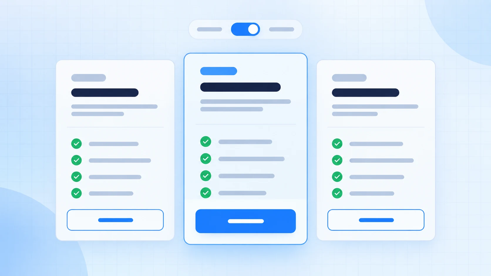 Three responsive pricing cards with a highlighted middle plan and billing toggle