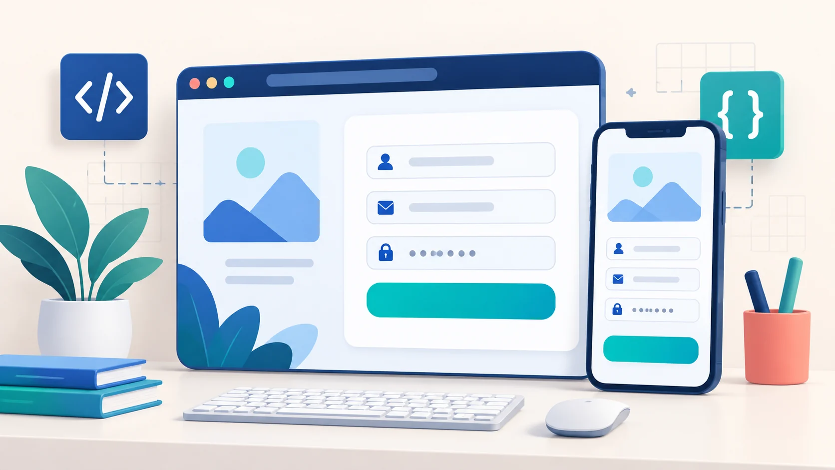 Responsive registration form with name, email, and password fields on desktop and mobile