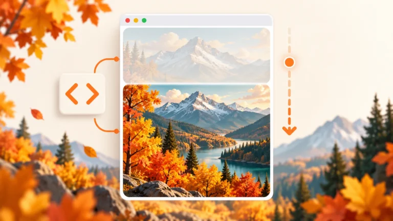 CSS scrolling image reveal demo showing an autumn landscape inside a browser frame