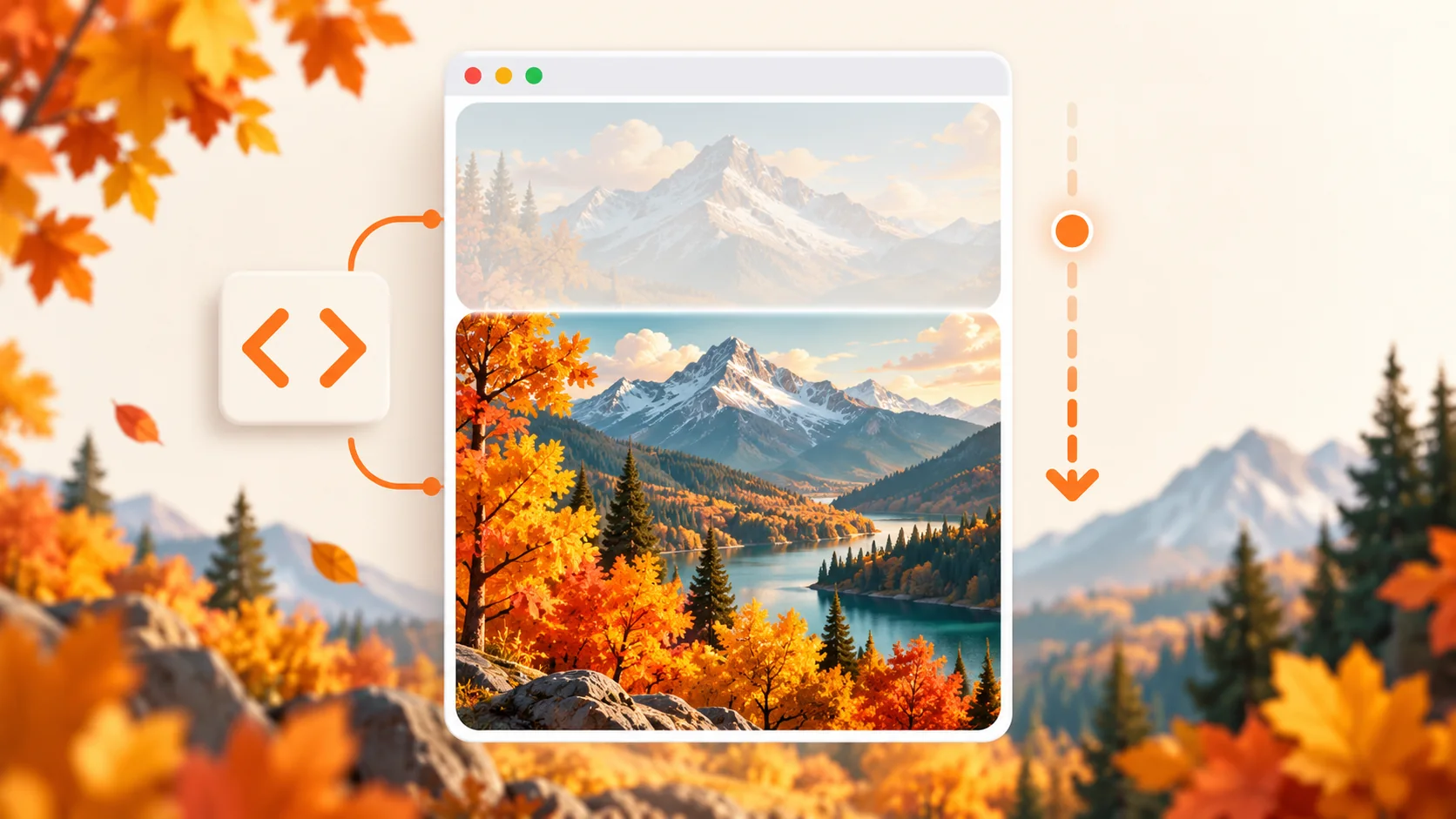 CSS scrolling image reveal demo showing an autumn landscape inside a browser frame