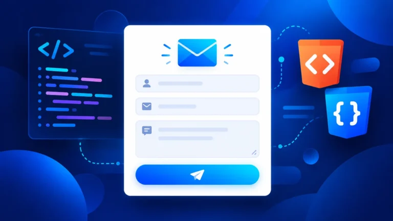 Responsive HTML email contact form with email, message fields, and code symbols